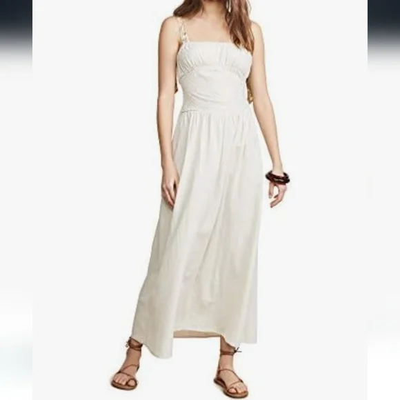 Free People Santorini Midi Dress Pleats Linen Contrast Tie Straps Siz 4 Ecru NWT - Picture 11 of 16